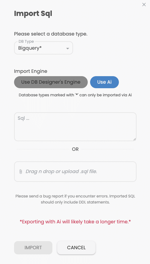 DB designer Import